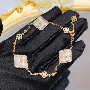 Women’s Vintage Gold Plated Four Leaf Clover Mother of Pearl Adjustable Bracelet